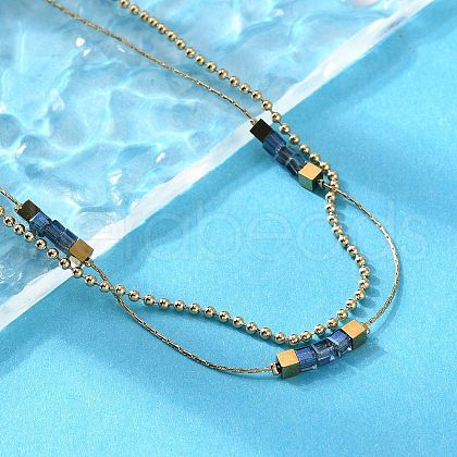 304 Stainless Steel & Cube Blue Glass Double Layer Necklaces for Women NJEW-A045-15G-1