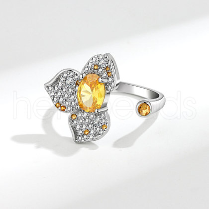 Flower Brass Micro Pave Clear Cubic Zirconia Adjustable Cuff Rings for Women FS-WG34798-01-1