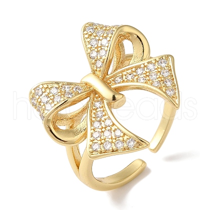 Bowknot Brass Micro Pave Clear Cubic Zirconia Open Cuff Rings for Women RJEW-C098-11G-1