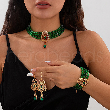 Teardrop Alloy & Glass Rhinestone Pendant Necklace & Stud Dangle Earring & Bracelet FS-WG89F11-11-1