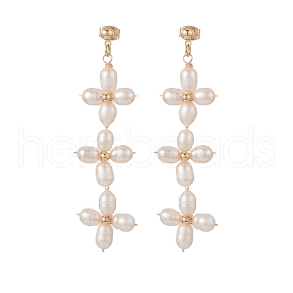 Natural Pearl Flower Long Dangle Stud Earrings EJEW-JE05208-1