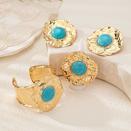 Flower Alloy with Synthetic Turquoise Stud Earring & Ring & Cuff Bangles Sets FS-WG05099-01-1