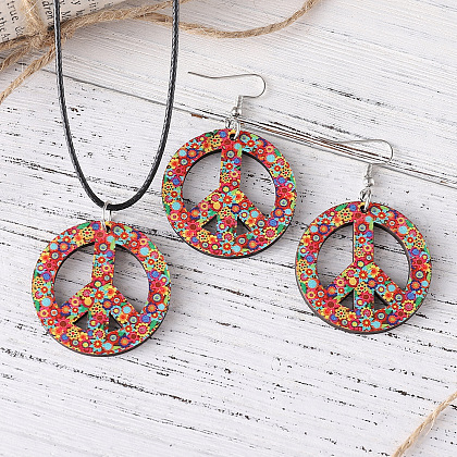 Peace Sign Wood with Wax Cord Pendant Necklace & Dangle Earrings Sets FS-WG10335-01-1
