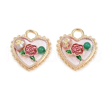 Brass Enamel & Natural Pearl Heart with Rose Flower Pendants KK-K351-49G-01-1