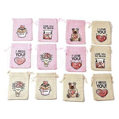 12Pcs 12 Styles Valentine's Day Printed Rectangle Burlap Cloth Packing Pouches ABAG-U006-02A-1