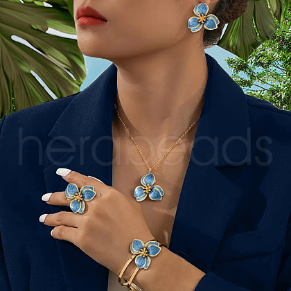 Flower Alloy Enamel Pendant Necklaces & Bangle & Ring & Stud Earrings Sets FS-WG20A9D-01-1