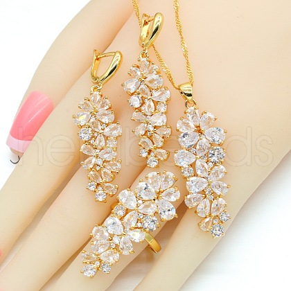 Leaf Brass Cubic Zirconia Pendant Necklace & Hoop Earring & Rings Sets FS-WG53533-09-1