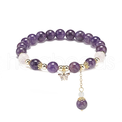 Natural Amethyst & Rose Quartz & Opalite Round Beaded Stretch Bracelets BJEW-JB09021-1