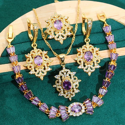 Flower Brass Pave Cubic Zirconia Pendant Necklaces & Earring & Ring & Link Bracelets Sets for Women FS-WG51B69-02-1