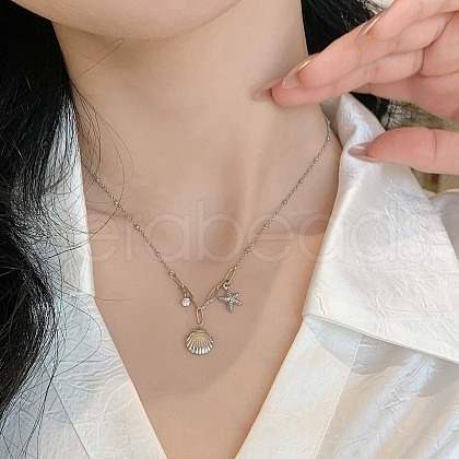 Shell Shape & Starfish 304 Stainless Steel Rhinestone Pendant Necklaces for Women NJEW-M107-02P-1