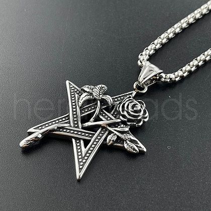 Vintage Stainless Steel Star Rose Pendant Necklaces XF5459-1