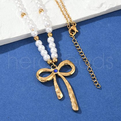 304 Stainless Steel Pave Blue Cubic Zirconia Bowknot Pendant Plastic Imitation Pearl Beaded Necklaces for Women NJEW-U048-01G-1