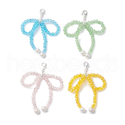 4Pcs Bowknot Shell Pearl & Glass Pendant Decorations HJEW-TA00201-1