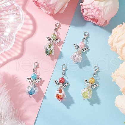 Angel Glass Pearl Beaded Pendants Decorations HJEW-JM03404-1