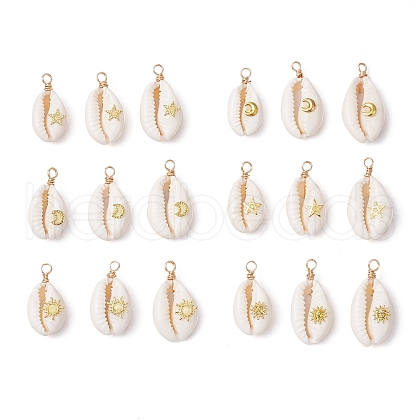 6Pcs 6 Styles Copper Wire Wrapped Natural Cowrie Shell Pendants PALLOY-JF03554-1