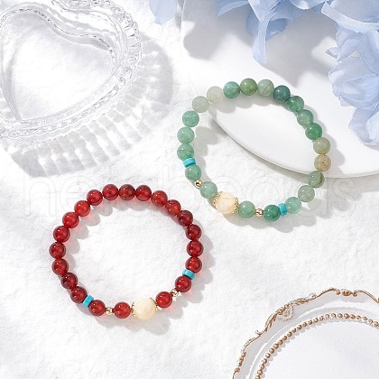 Natural Carnelian and Natural Green Aventurine Stretch Bracelets BJEW-JB11968-1