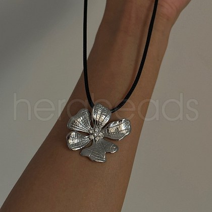 Flower 304 Stainless Steel Micro Pave Clear Cubic Zirconia Pendant Imitation Leather Cord Necklaces FS-WG6686F-02-1