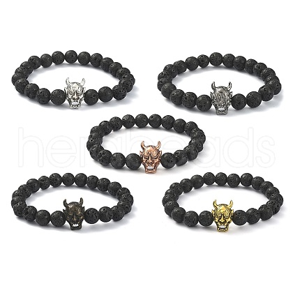 Natural Lava Rock Round & Alloy Devil Beaded Stretch Bracelet for Women BJEW-JB09378-1