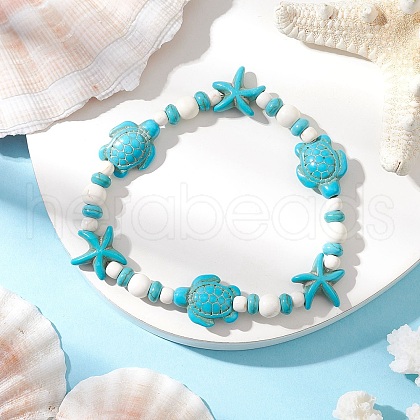 Starfish & Turtle Synthetic Turquoise Beads Stretch Bracelets for Women BJEW-JB11921-01-1