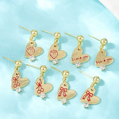 Brass Micro Pave Clear Cubic Zirconia Heart Dangle Stud Earrings EJEW-S277-12G-1