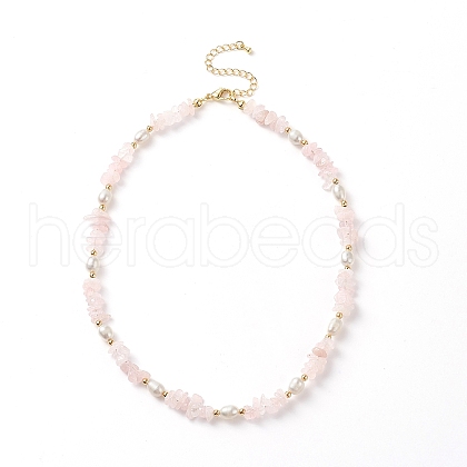 Natural Rose Quartz Chips & Pearl Beaded Necklace NJEW-JN04008-01-1