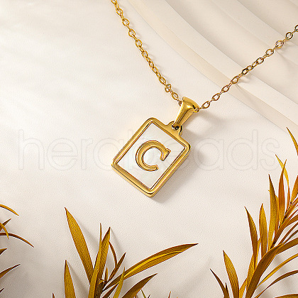 Rectangle Stainless Steel Pave Natural White Shell Initial Pendant Necklaces for Women FS-WGB5EDA-03-1