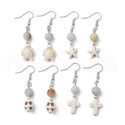 Synthetic Turquoise & Natural Flower Amazonite Dangle Earrings with Brass Pins for Women EJEW-JE05316-1