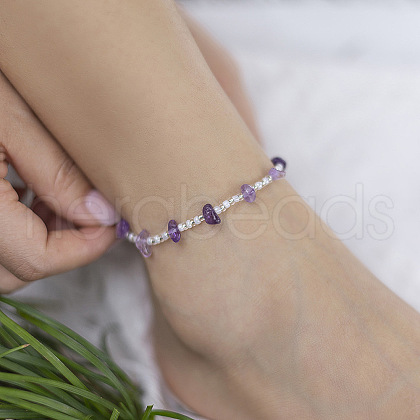 Alloy & Glass Seed Beaded & Natural Amethyst Chip Anklets WG69FBA-02-1