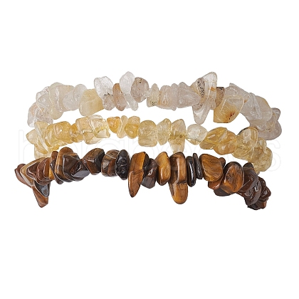 3Pcs Natural Citrine & Natural Tiger Eye & Natural Gold Rutilated Quartz Chip Beaded Stretch Bracelet Sets BJEW-JB10863-1