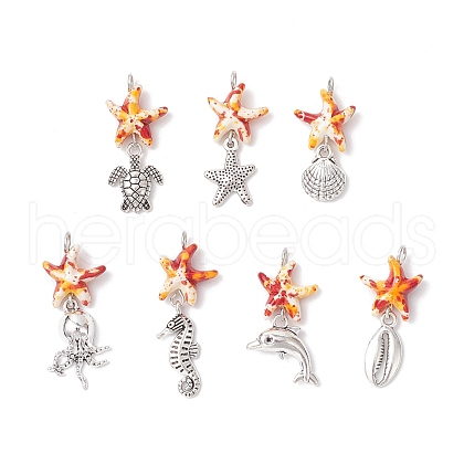7Pcs 7 Styles Dyed Synthetic Turquoise Starfish & Alloy Sea Animals Pendants PALLOY-JF03754-01-1