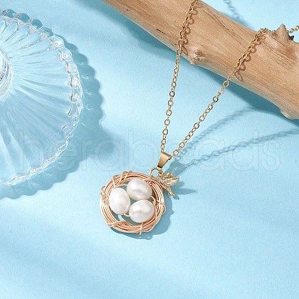 Mother's Day Jewellery Natural Cultured Freshwater Pearl Copper Wire Wrapped Bird Egg Nest Pendant Necklaces NJEW-TA00189-1