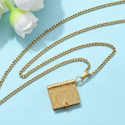 304 Stainless Steel Book Pendant Necklaces for Women NJEW-U037-01A-G-1