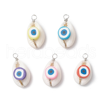 Natural Cowrie Shell & Evil Eye Handmade Polymer Clay Pendants PALLOY-JF03812-1