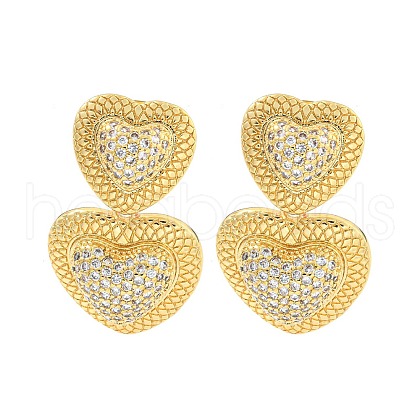 Heart Brass Pave Clear Cubic Zirconia Dangle Stud Earrings EJEW-M258-27G-1