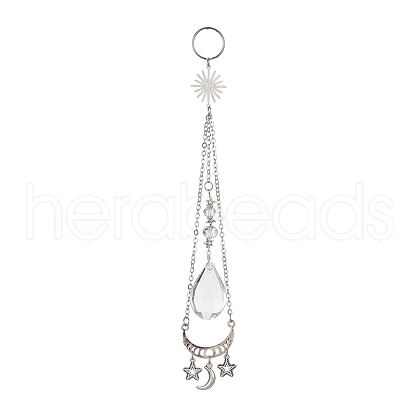 Moon & Sun & Star Alloy & Brass with Glass Teardrop Hanging Pendant Decorations HJEW-JM01302-1