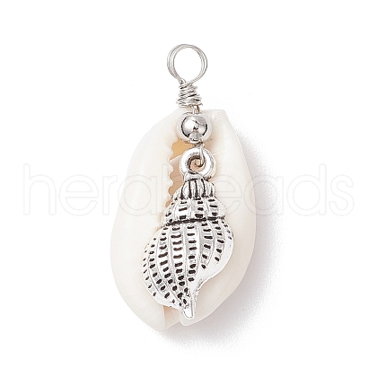 Natural Cowrie Shell & Alloy Sea Animals Pendants PALLOY-JF03751-04-1