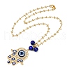 Alloy Enamel Crystal Rhinestone Blue Evil Eye Hamsa Hand Pendant Brass Link Chain Necklaces NJEW-JN05314-4