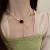 Imitation Pearl Rice Beaded Rose Flower Choker Necklaces with Alloy Crystal Rhinestone Chain FS-WGBE6F4-01-3