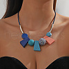 Bohemian Style Trapezoid & Round Wood Beaded Pendant Black Waxed Cord Bib Necklaces for Women FS-WG1625A-01-1