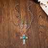 Cross Alloy & Synthetic Turquoise Pendant Necklaces & Dangle Earrings Sets FS-WG79C71-01-2