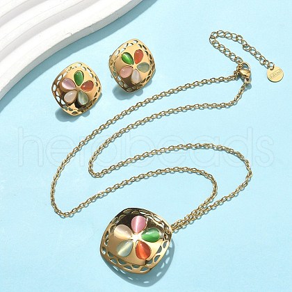 304 Stainless Steel Cat Eye Flower Pendant Necklaces & Stud Earrings Sets for Women SJEW-B020-04G-1