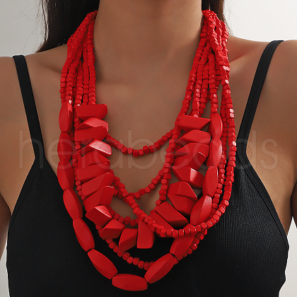 Bohemian Style Wood Geometric Beaded Multilayer Necklaces for Women WG33684-07-1