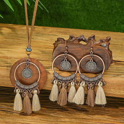 Bohemian Alloy & Wood Pendant Necklaces & Tassel Dangle Earrings Sets WG0AFF1-01-1