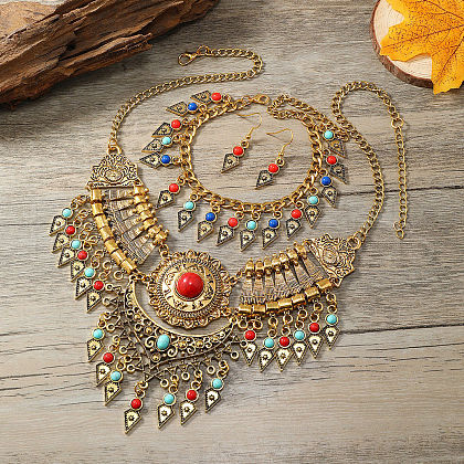 Alloy with Synthetic Turquoise Teardrop Tassel Pendant Necklaces & Dangle Earrings & Charm Bracelets Sets FS-WG69A95-01-1