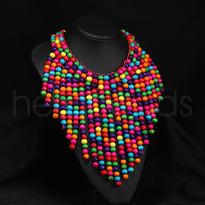 Bohemian Style Round Wood Beaded Multilayer Bib Necklaces for Women WG93846-09-1