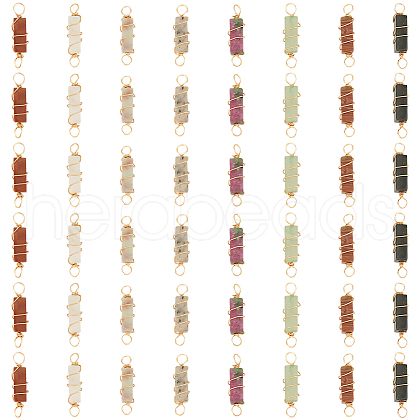 48Pcs 8 Colors Natural Mixed Gemstone Brass Wire Wrapped Column Connector Charms PALLOY-HY00042-1