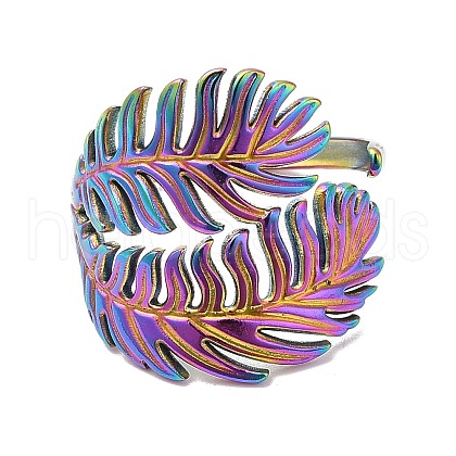 Ion Plating(IP) 304 Stainless Steel Leaf Open Cuff Ring for Women RJEW-M149-23RC-1