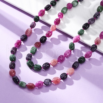 Natural Dyed Malaysia Jade Tumble Stone Nuggets Beaded Long Necklaces for Women NJEW-F340-A08-1