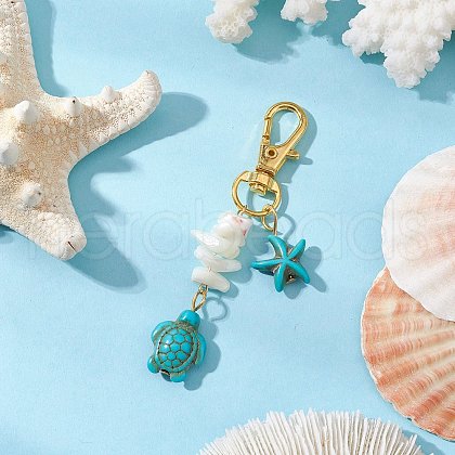 Starfish & Sea Turtle Synthetic Turquoise & Natural White Mother of Pearl Shell Chip Pendant Decorations HJEW-JM03169-02-1