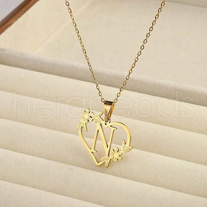201 Stainless Steel Flower Heart Initial Pendant Necklaces for Women FS-WG08285-07-1